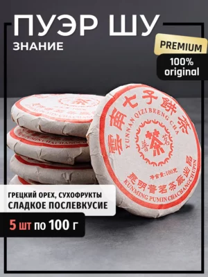 Настоящий Шу Пуэр чай бодрящий прессованный, 5х100 г